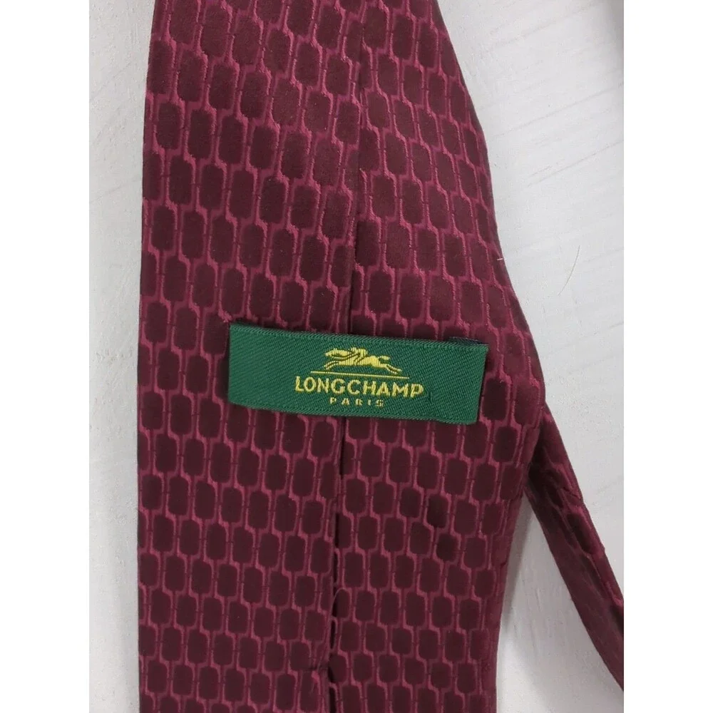 LONGCHAMP Paris Burgundy 100% Silk Honeycomb Tie Designer Old Money Luxury